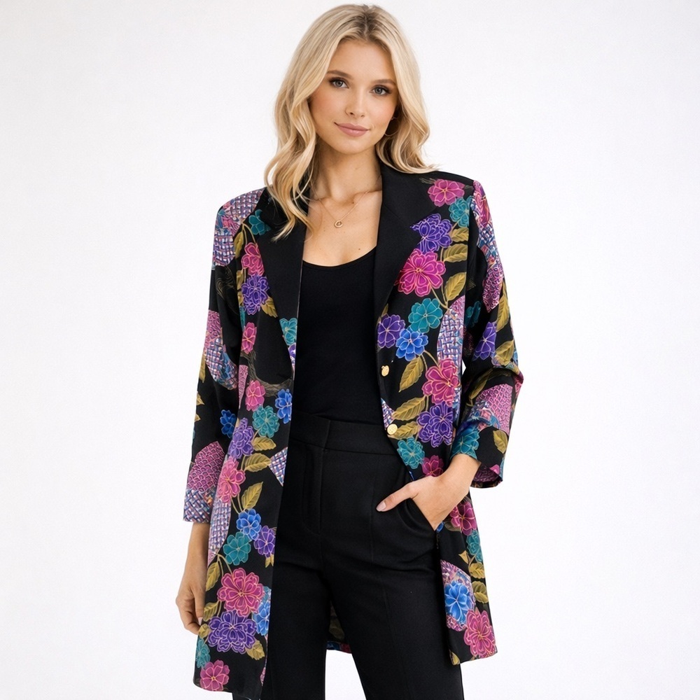 VINTAGE MAGGIE SWEET long Blazer Top floral  womens size Petite Large